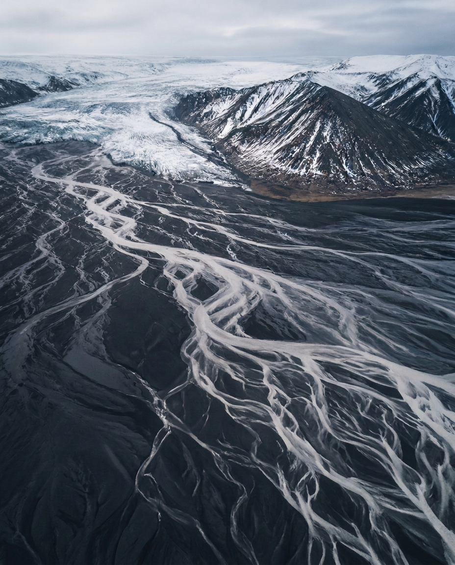 Aerial view of braided glacial rivers flowing from an Icelandic ice sheet across black volcanic sand